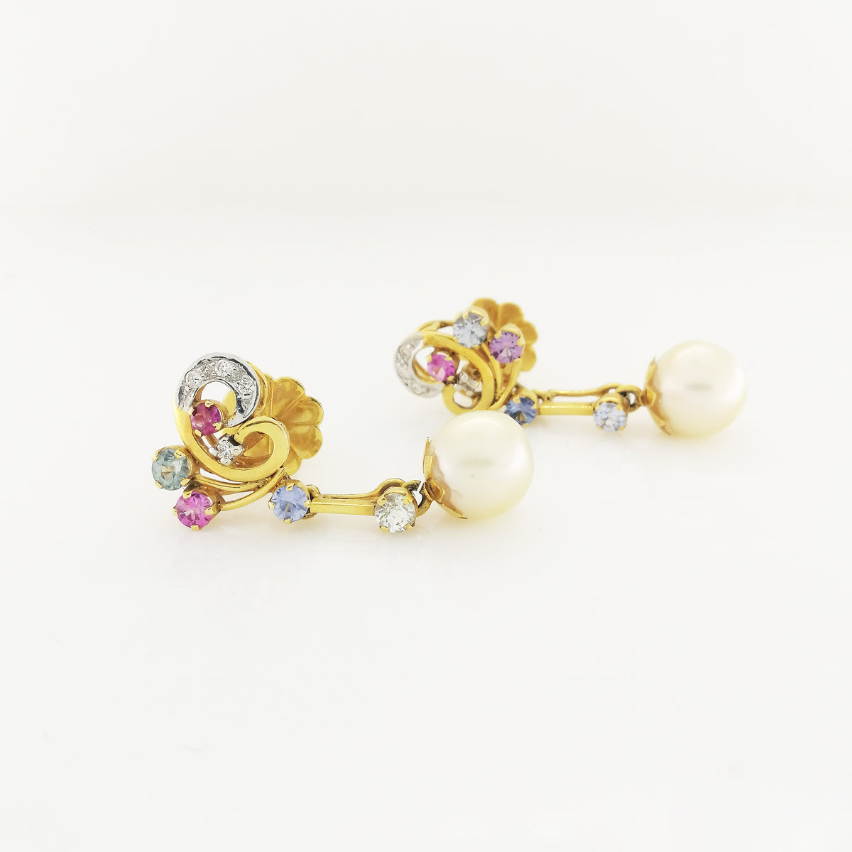 Sapphire, Diamond and Golden Pearl Earrings