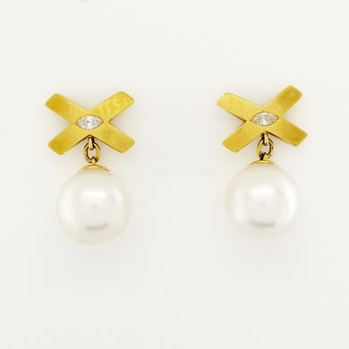 Vintage White South Sea Pearl and Marquise Diamond Earrings
