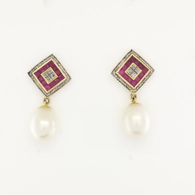 Vintage Ruby, Diamond and South Sea Pearl Earrings