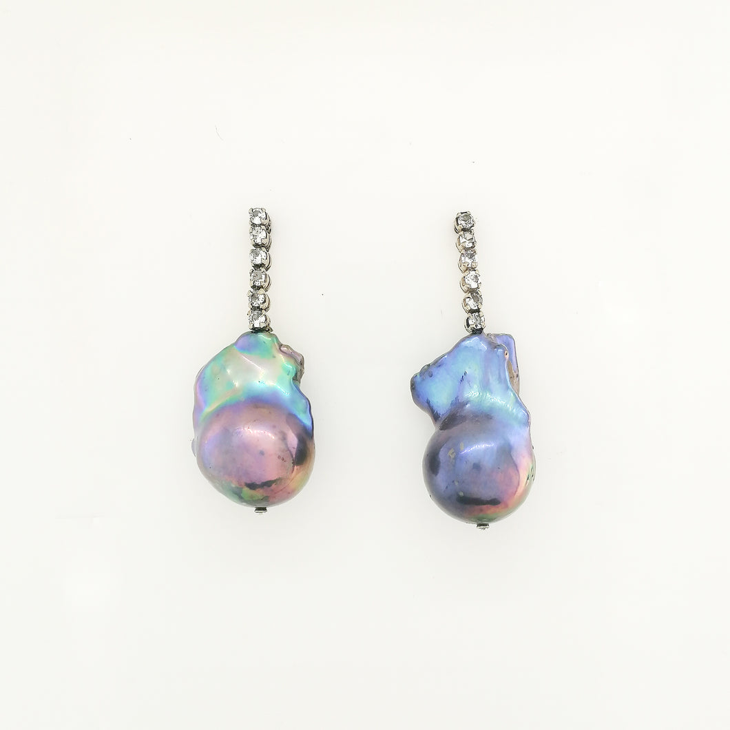 Diamond and Black Tahitian Baroque Pearl Earrings