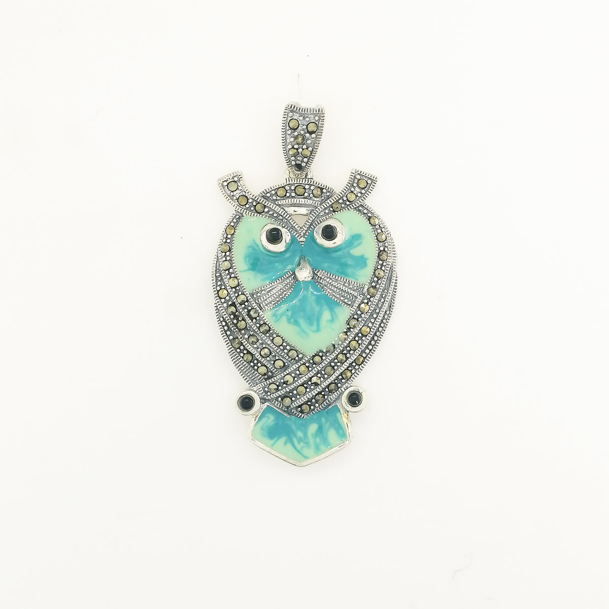 Onyx, Marcasite and Enamel Owl Pendant