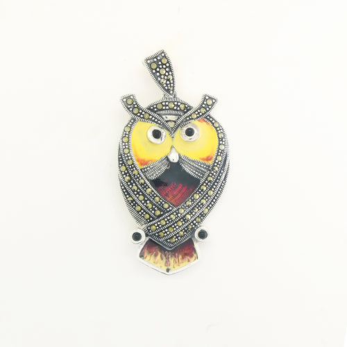 Onyx, Marcasite and Enamel Owl Pendant