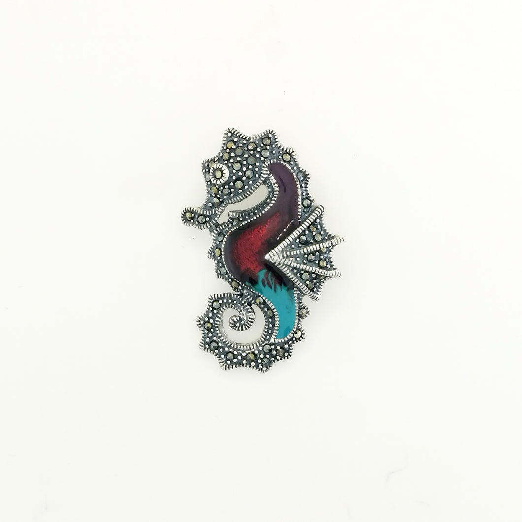 Sterling Silver Marcasite and Enamel Sea Horse Pendant