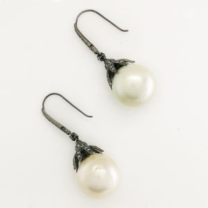 Black Rhodium Plated South Sea Pearl and Diamond Earrings