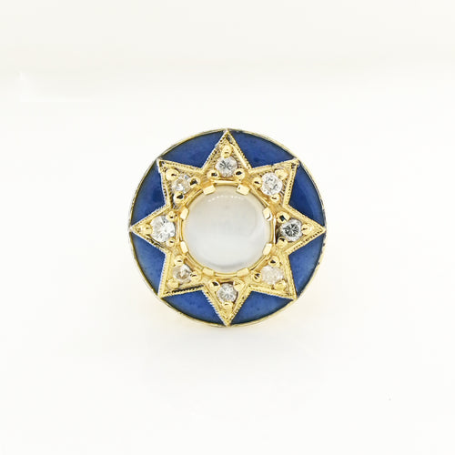 9ct Yellow Gold 4.08ct Moonstone, Diamond and Blue Enamel Cocktail Ring