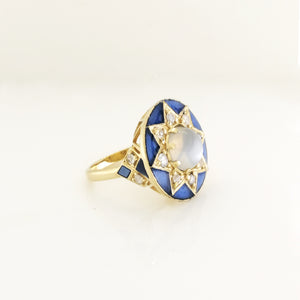 9ct Yellow Gold 4.08ct Moonstone, Diamond and Blue Enamel Cocktail Ring
