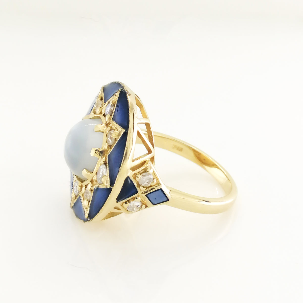 9ct Yellow Gold 4.08ct Moonstone, Diamond and Blue Enamel Cocktail Ring