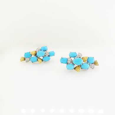 14ct Yellow Gold Turquoise and Diamond Long Stud Earrings