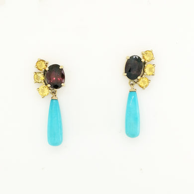 Yellow Gold Turquoise, Garnet and Citrine Earrings