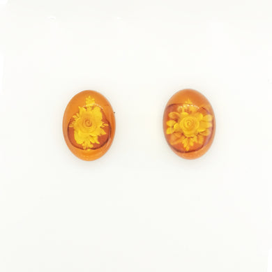Sterling Silver Floral Bouquet Carved Amber Stud Earrings