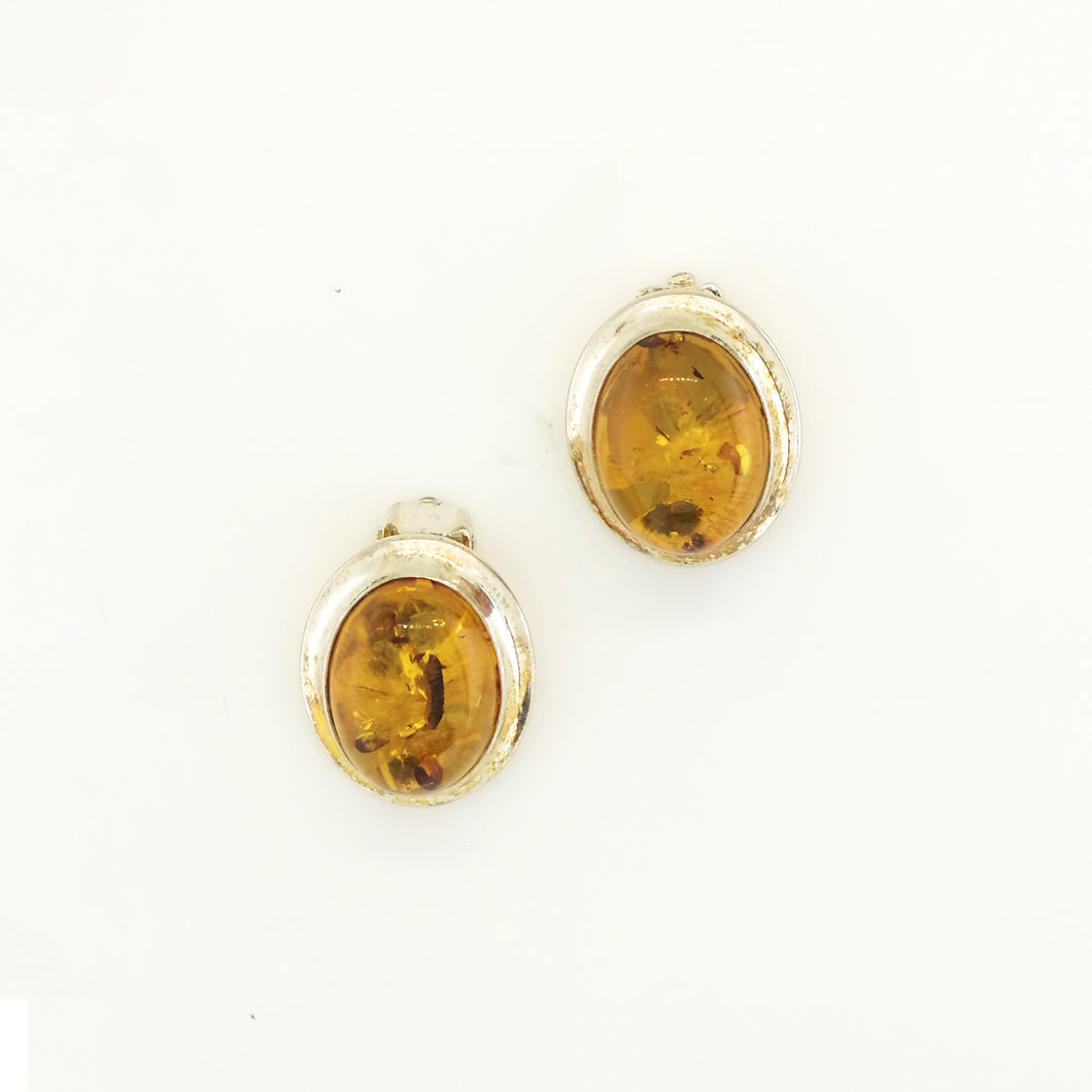 Sterling Silver Baltic Amber Clip On Earrings