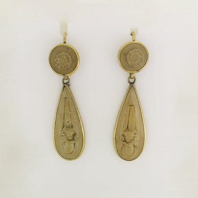 Antique 9ct Yellow Gold Carved Lava Stone Drop Earrings