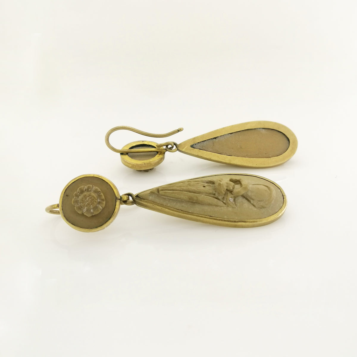 Antique 9ct Yellow Gold Carved Lava Stone Drop Earrings
