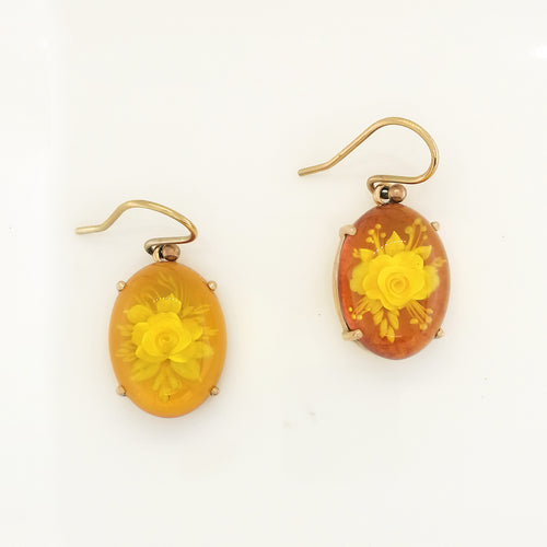 9ct Yellow Gold Floral Carved Amber Drop Earrings