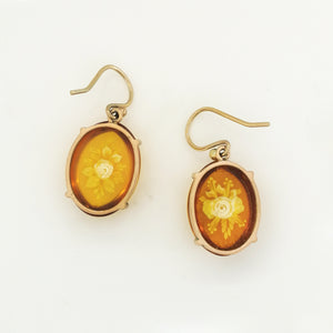 9ct Yellow Gold Floral Carved Amber Drop Earrings