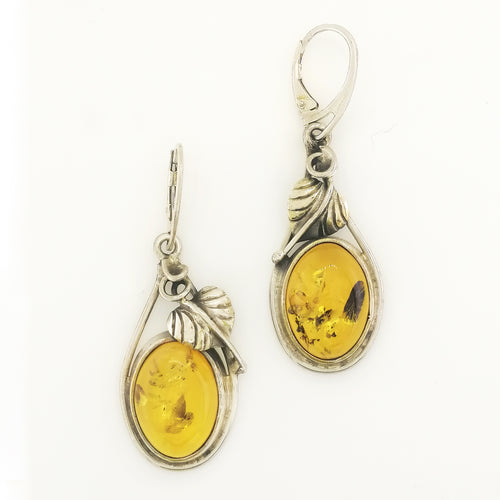 Sterling Silver Honey Amber Ivy Leaf Drop Earrings