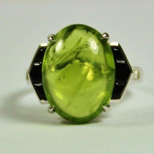 Cabochon Peridot, Onyx and Diamond Cocktail Ring
