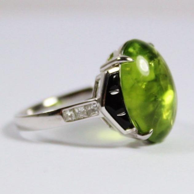 Cabochon Peridot, Onyx and Diamond Cocktail Ring