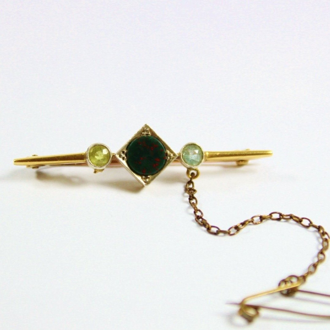Antique Yellow Gold Bloodstone, Peridot and Topaz Brooch