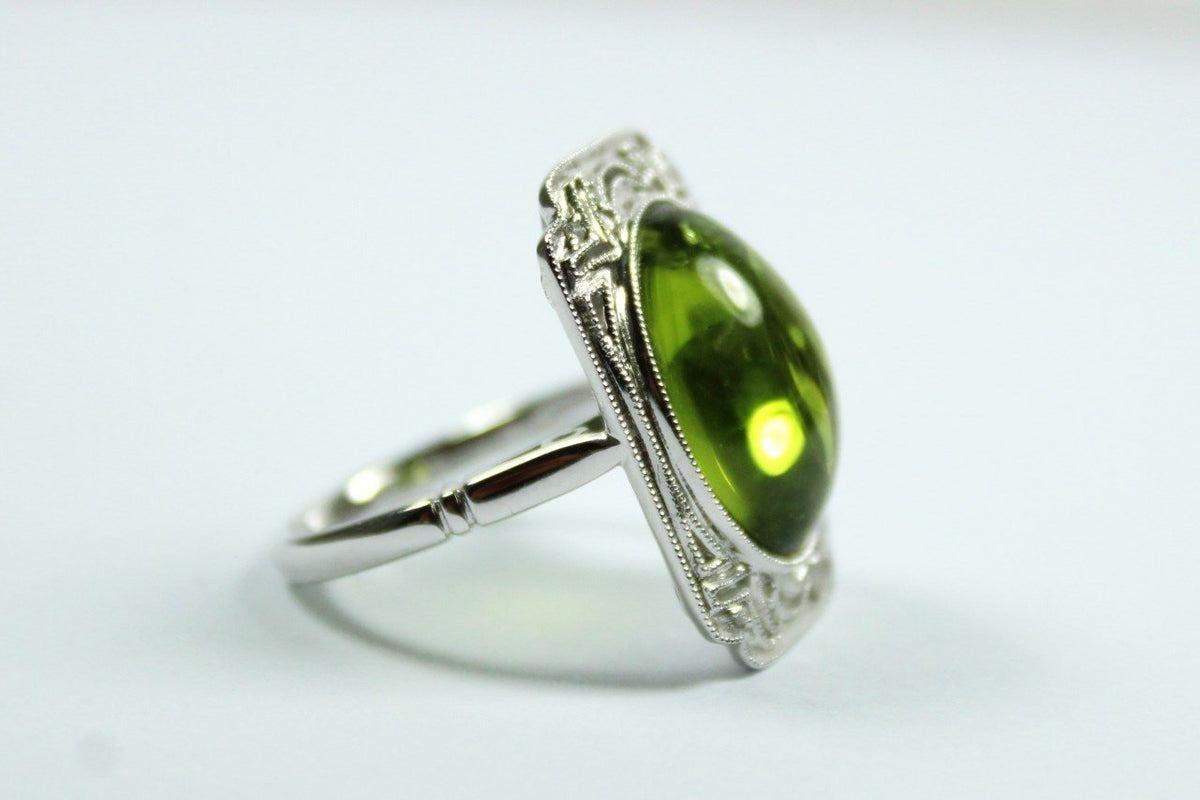 Cabochon Peridot and Diamond Milgrain Detail Ring