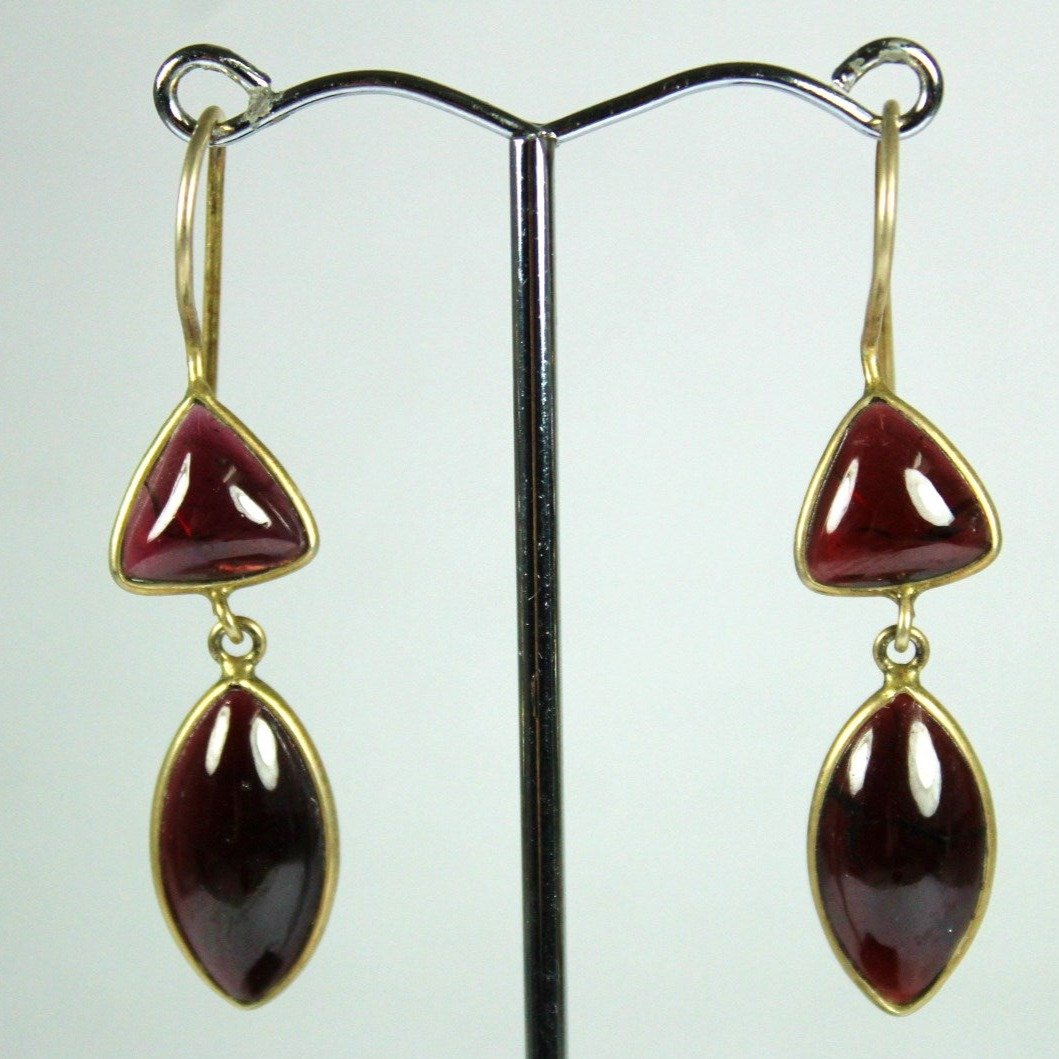 Sterling Silver Gold Plate Cabochon Garnet Drop Earrings
