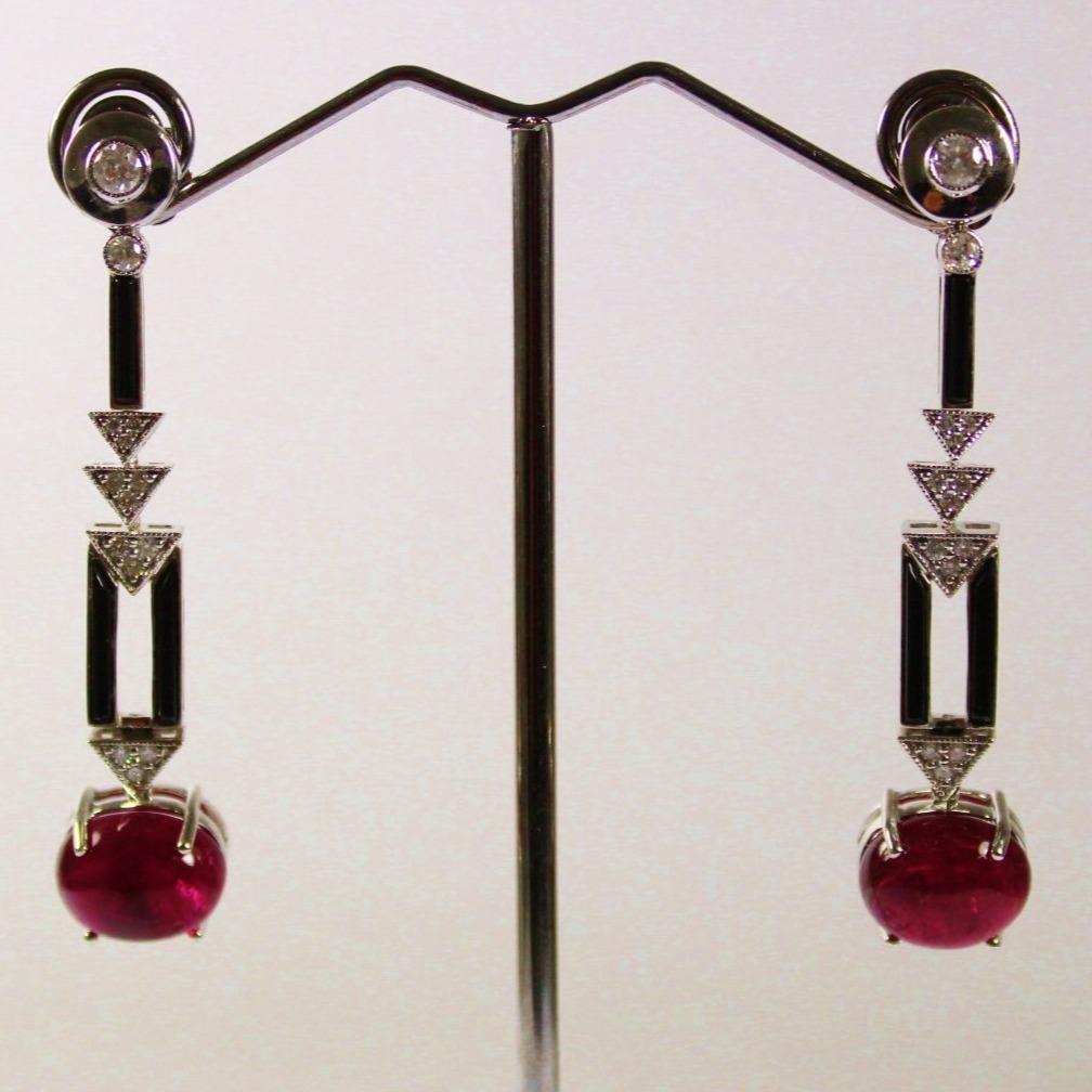 9ct White Gold Cabochon Rubellite Tourmaline, Diamond and Onyx Drop Earrings