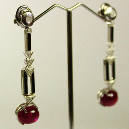 9ct White Gold Cabochon Rubellite Tourmaline, Diamond and Onyx Drop Earrings