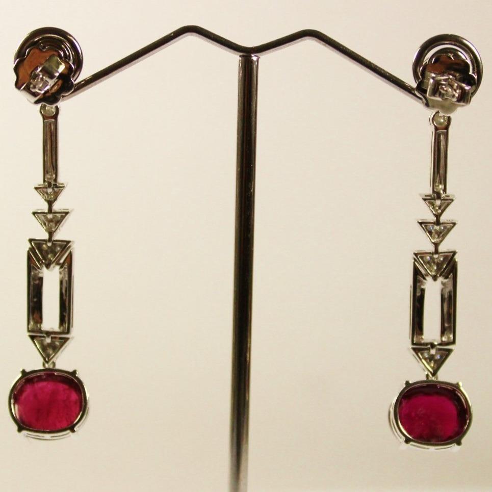 9ct White Gold Cabochon Rubellite Tourmaline, Diamond and Onyx Drop Earrings