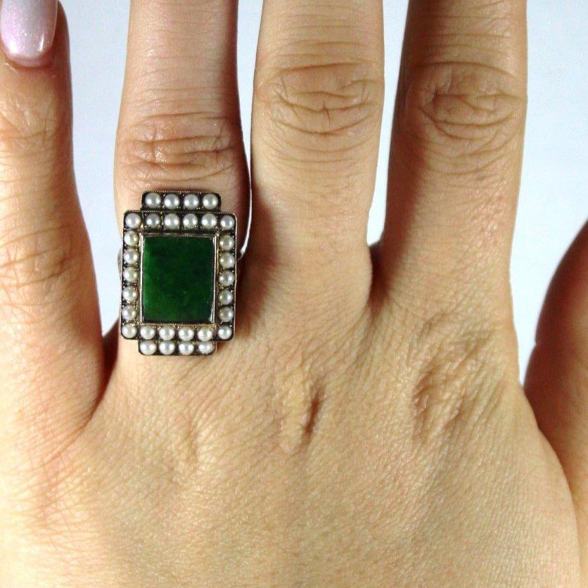 Antique Rose Gold Jadeite and Seed Pearl Ring