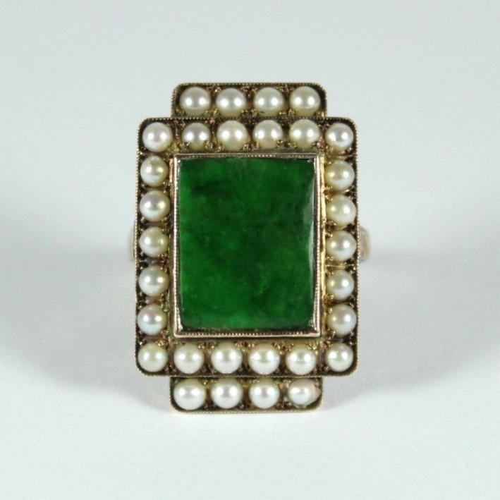 Antique Rose Gold Jadeite and Seed Pearl Ring
