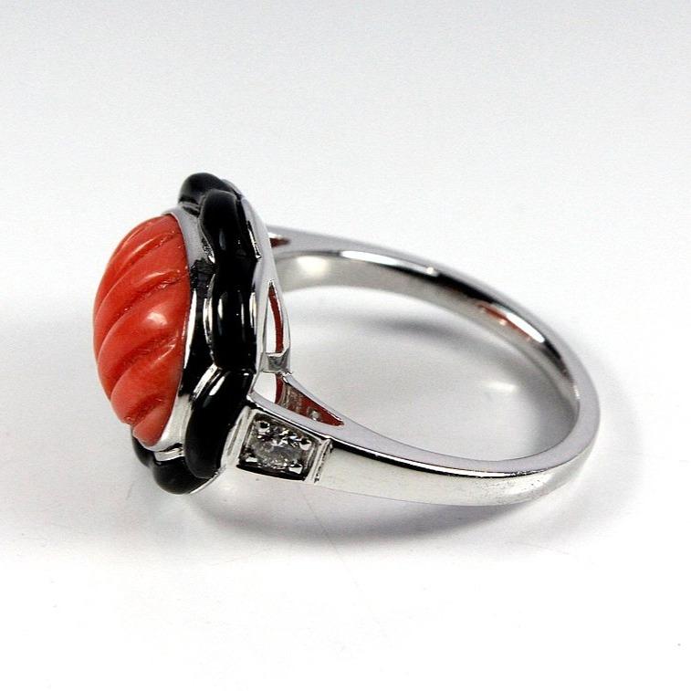 9ct White Gold Ridged Momo Coral, Onyx and Diamond Ring