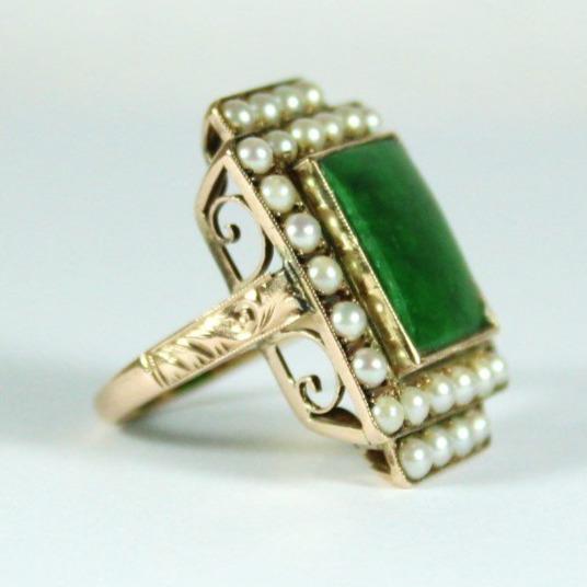 Antique Rose Gold Jadeite and Seed Pearl Ring