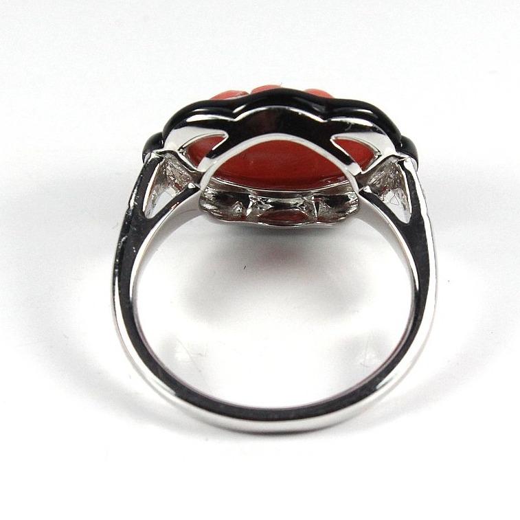 9ct White Gold Ridged Momo Coral, Onyx and Diamond Ring