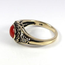 9ct Yellow Gold Coral and Diamond Metal Work Ring
