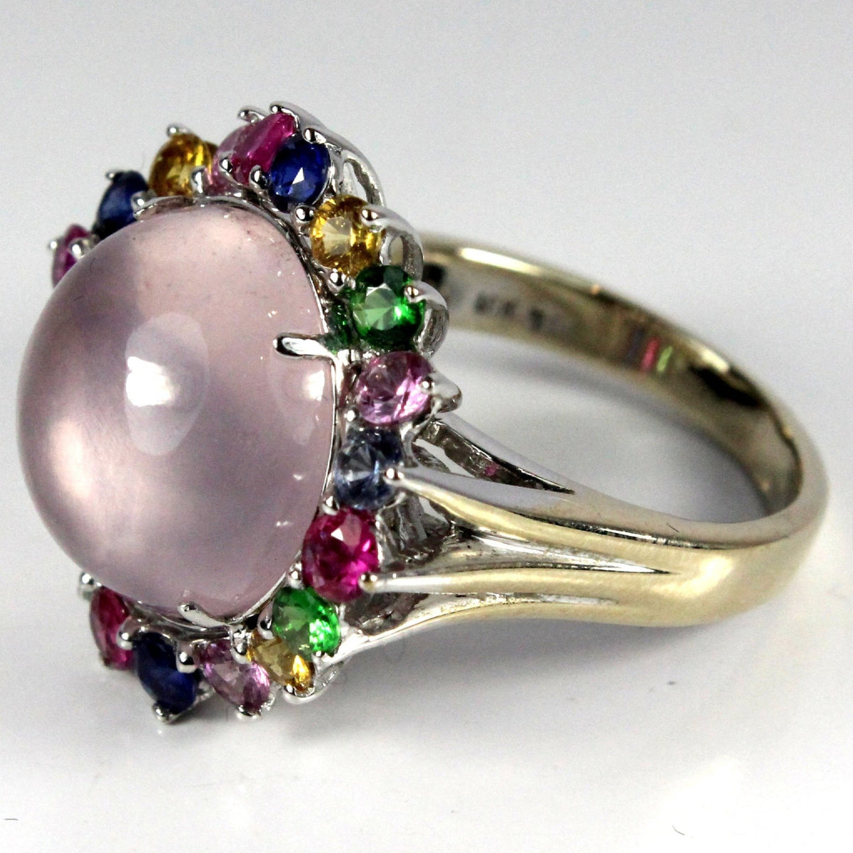 Cabochon Rose Quartz and Assorted Sapphire Ring