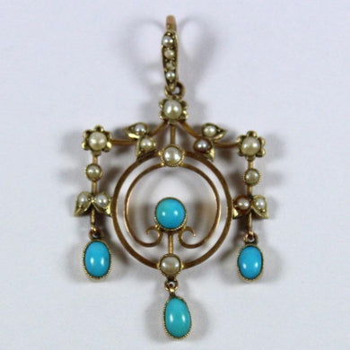 Edwardian 9ct Yellow Gold Turquoise and Seed Pearl Pendant