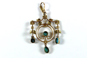 Edwardian 9ct Yellow Gold Turquoise and Seed Pearl Pendant