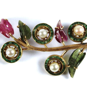 Vintage Green and Pink Tourmaline and Cultured Pearl Brooch