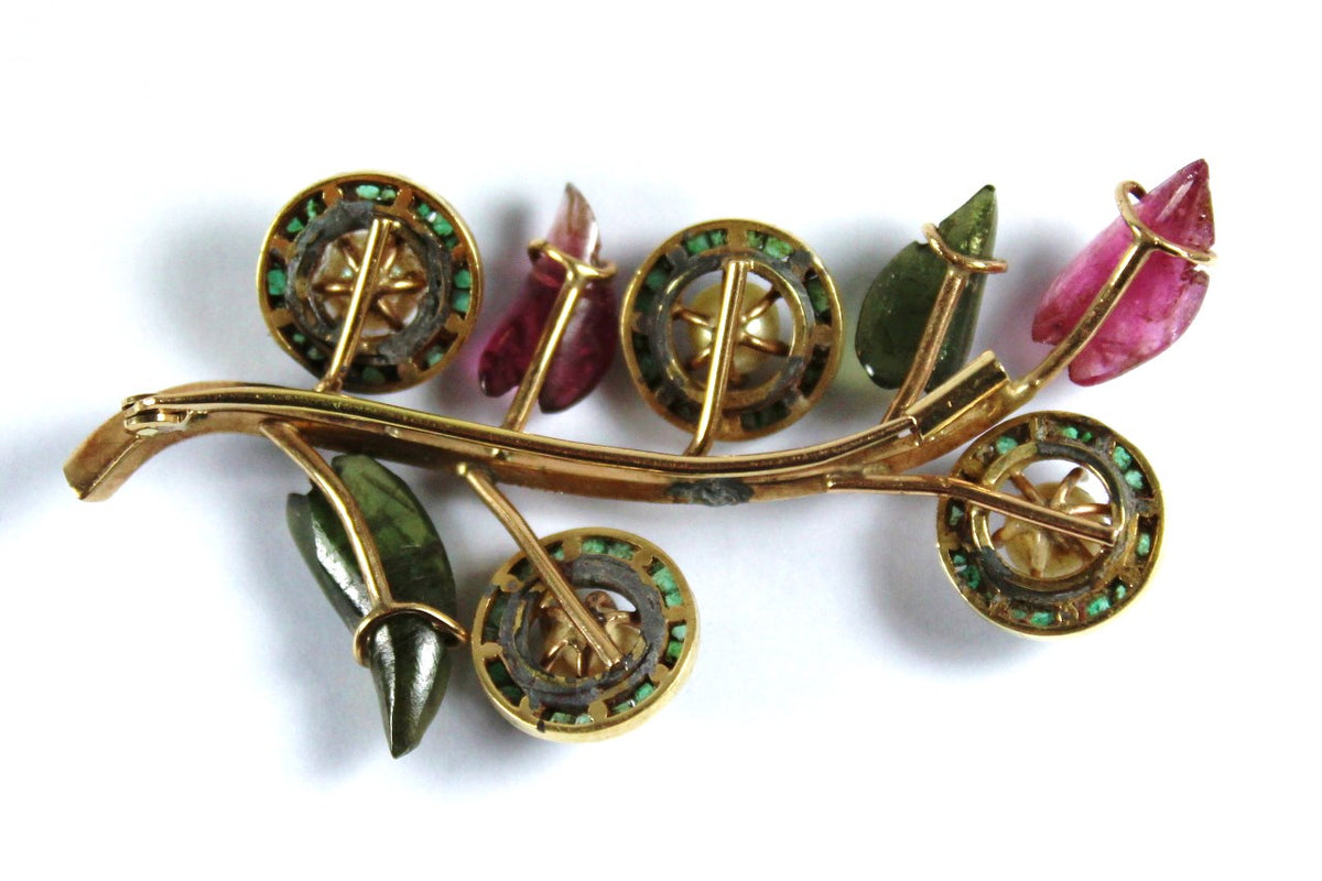 Vintage Green and Pink Tourmaline and Cultured Pearl Brooch