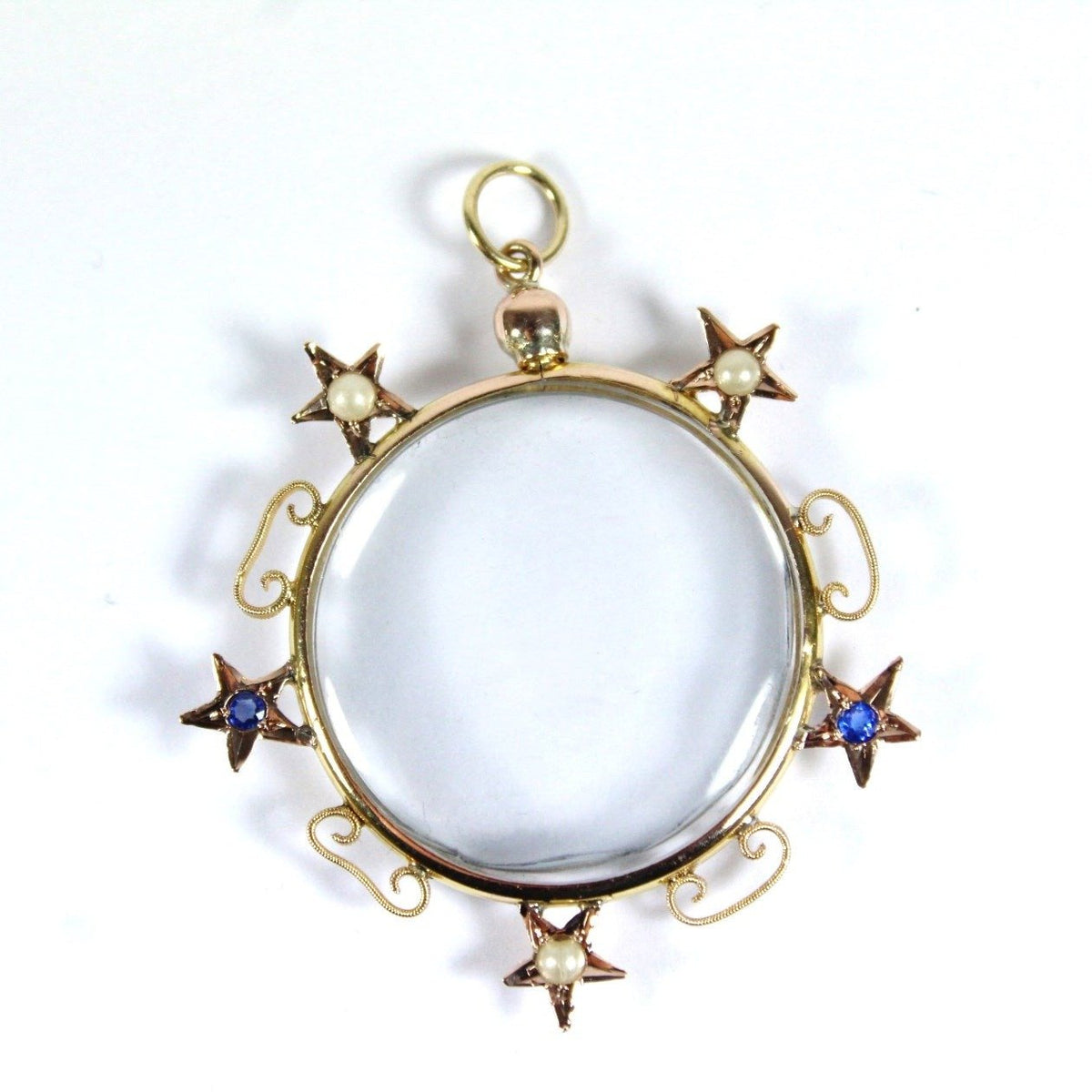 Antique 9ct Yellow Gold Seed Pearl and Sapphire Set Glass Locket
