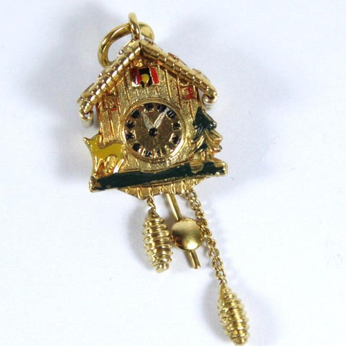 Vintage 18ct Yellow Gold Enamel Cuckoo Clock Pendant