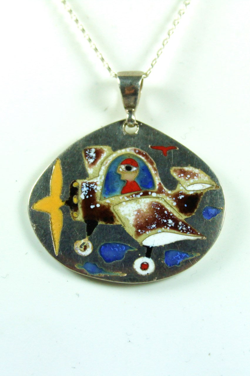 Handmade Sterling Silver Enamel Airplane Pendant
