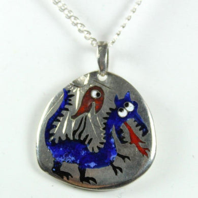 Sterling Silver Handmade Blue Dragon Enamel Pendant