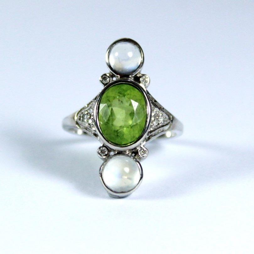9ct White Gold Peridot, Moonstone and Diamond Dress Ring