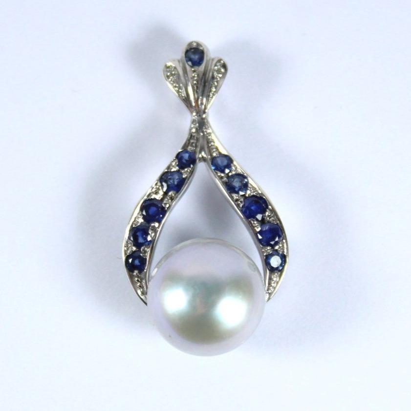 9ct White Gold Pearl, Sapphire and Diamond Pendant