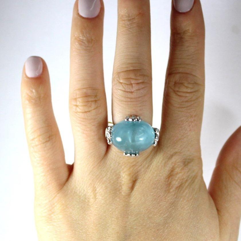 White Gold Cabochon Aquamarine and Diamond Ring