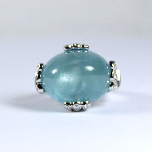 White Gold Cabochon Aquamarine and Diamond Ring