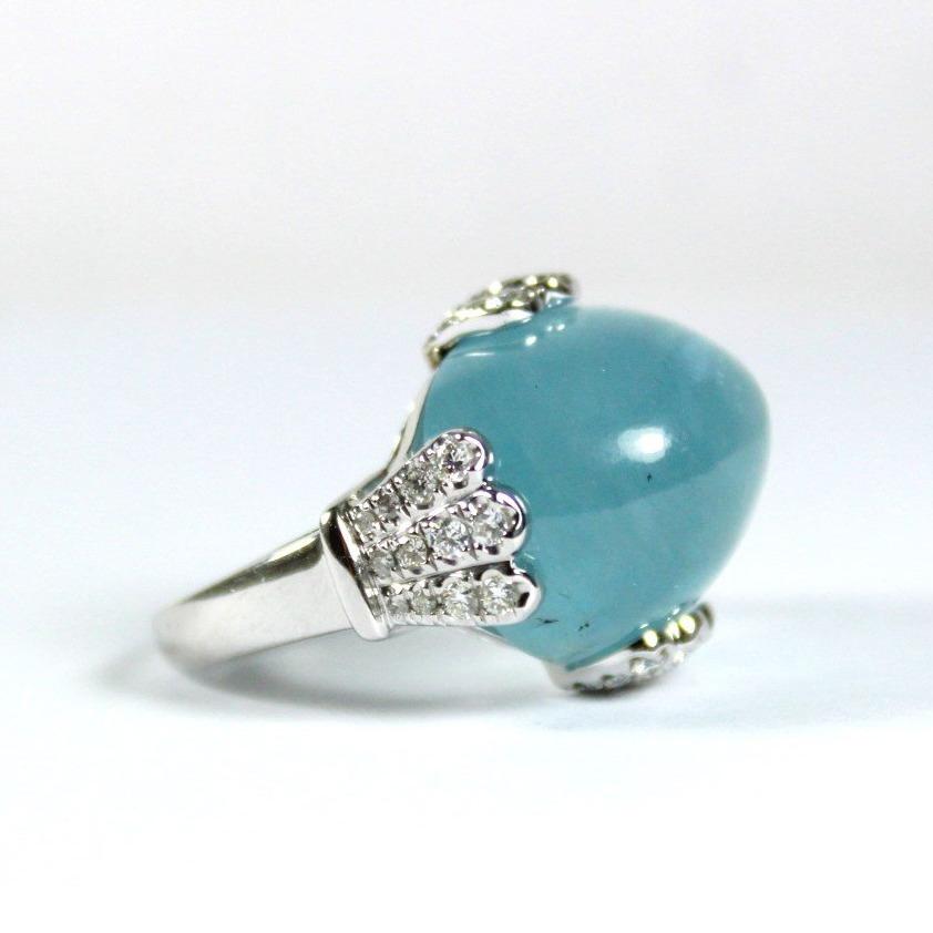 White Gold Cabochon Aquamarine and Diamond Ring
