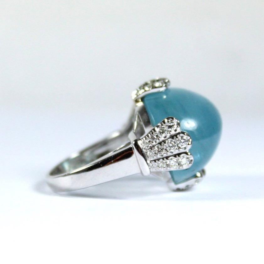 White Gold Cabochon Aquamarine and Diamond Ring