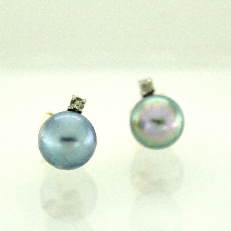 9ct Yellow Gold Grey Pearl and Diamond Stud Earrings